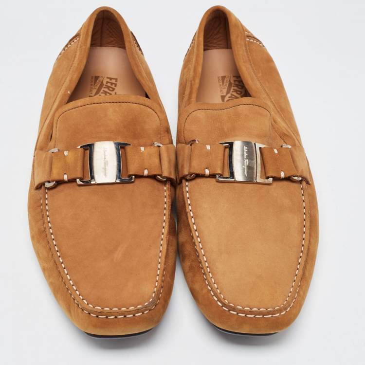 Pre Owned Salvatore Ferragamo Brown Nubuck Leather Slip On Loafers Size 45.5