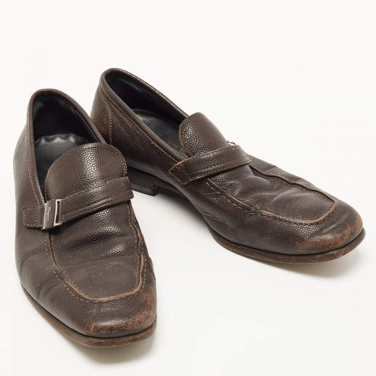 Pre Owned Salvatore Ferragamo Dark Brown Leather Side Buckle Loafers Size 39.5 