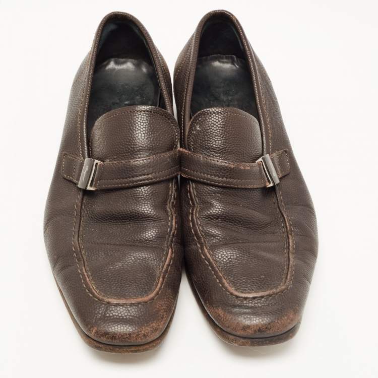 Pre Owned Salvatore Ferragamo Dark Brown Leather Side Buckle Loafers Size 39.5 