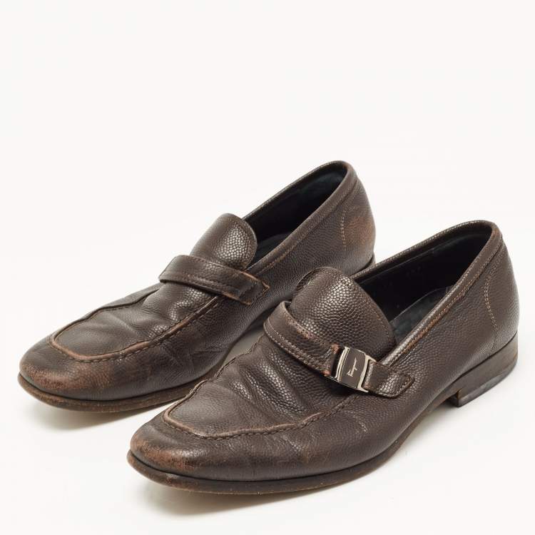 Pre Owned Salvatore Ferragamo Dark Brown Leather Side Buckle Loafers Size 39.5 