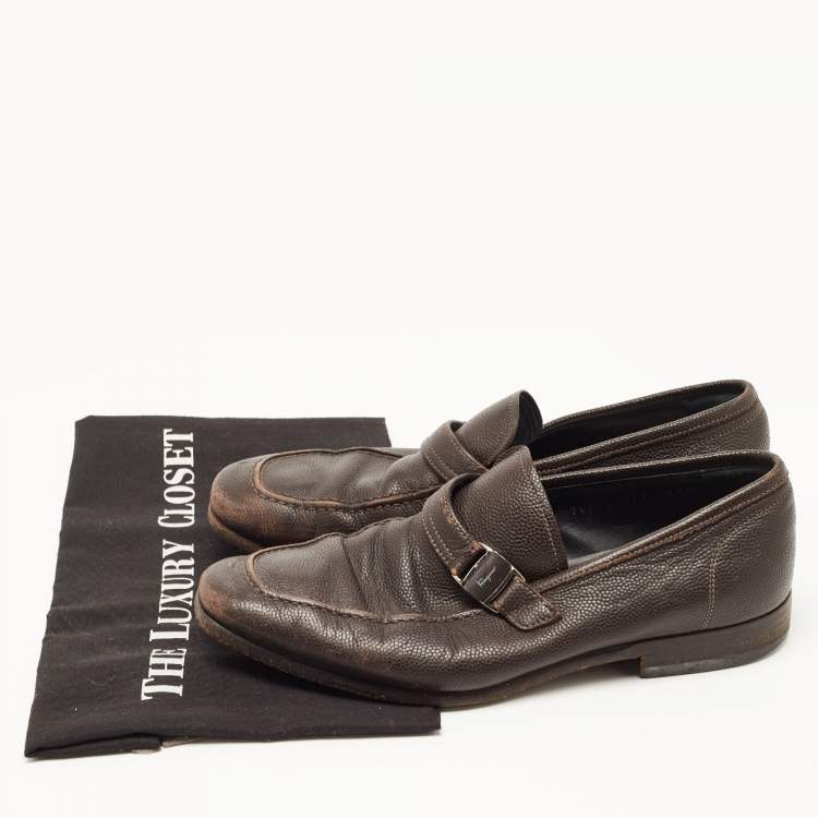 Pre Owned Salvatore Ferragamo Dark Brown Leather Side Buckle Loafers Size 39.5 
