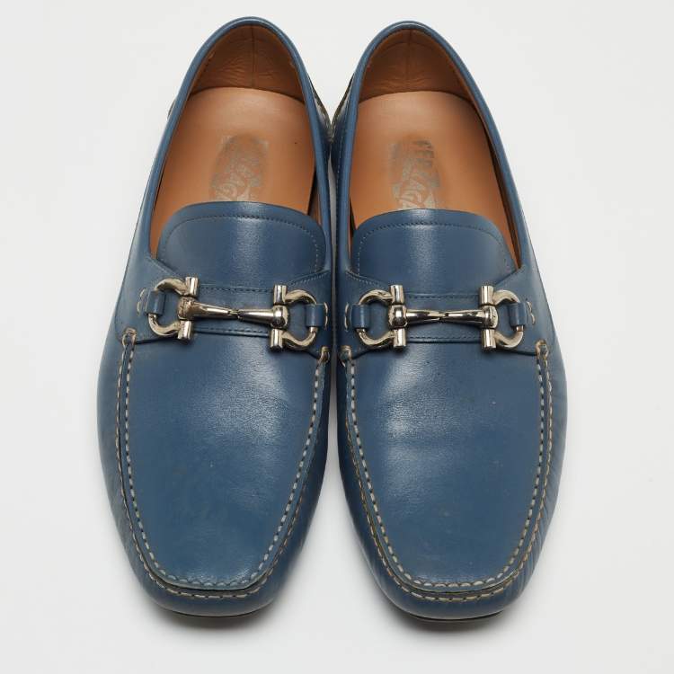 Pre Owned Salvatore Ferragamo Blue Leather Parigi Gancini Loafers Size 42.5