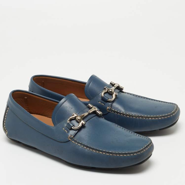 Pre Owned Salvatore Ferragamo Blue Leather Parigi Gancini Loafers Size 42.5
