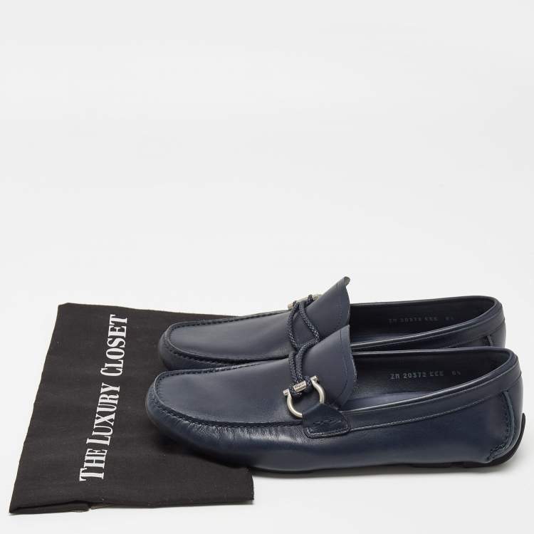 مملوكة مسبقًا Salvatore Ferragamo Navy Blue Leather Slip On Loafers Size 42.5 