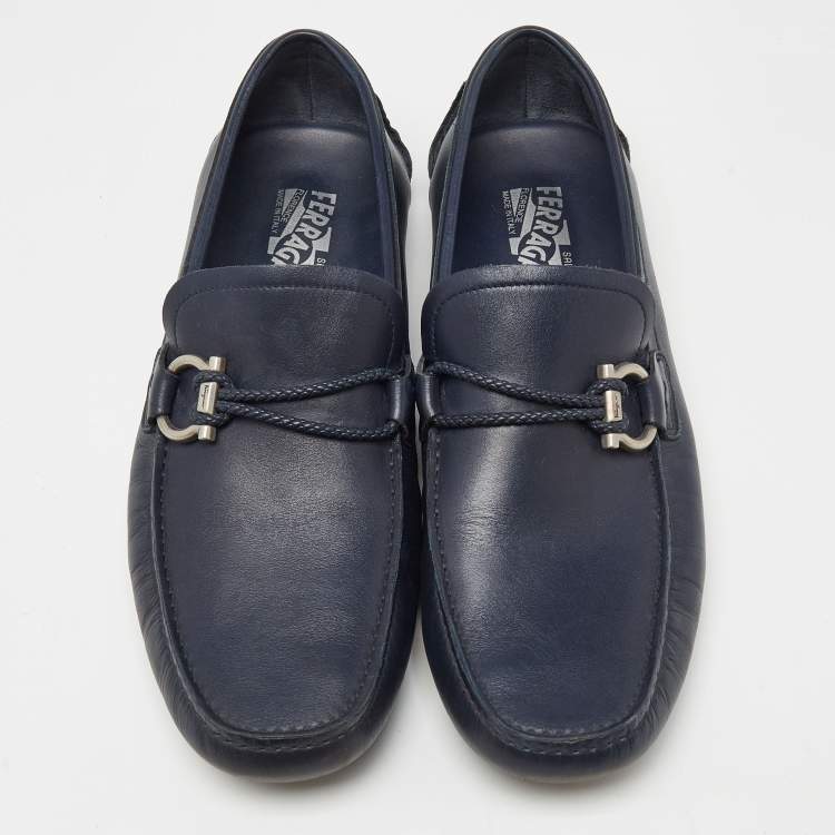 مملوكة مسبقًا Salvatore Ferragamo Navy Blue Leather Slip On Loafers Size 42.5 