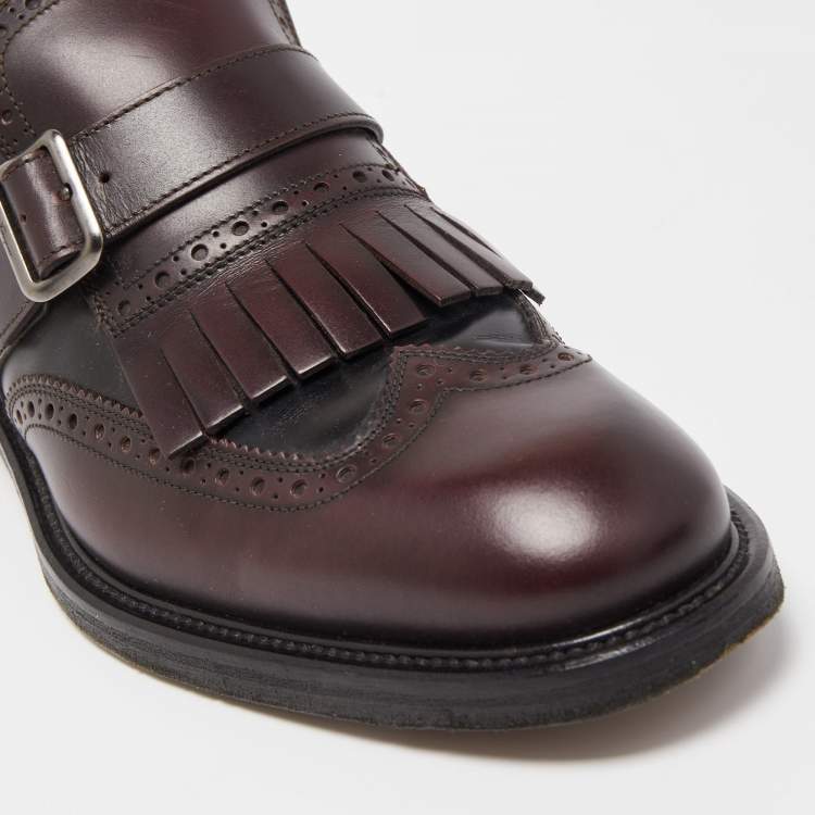 Pre Owned Salvatore Ferragamo Burgundy/Black Brogue Leather Genesis Fringe Loafers Size 41