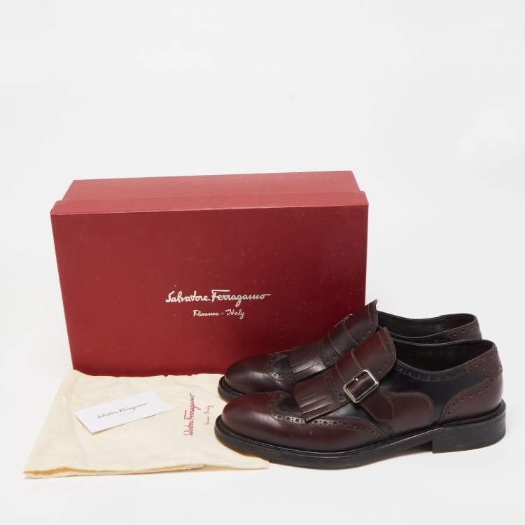 Pre Owned Salvatore Ferragamo Burgundy/Black Brogue Leather Genesis Fringe Loafers Size 41