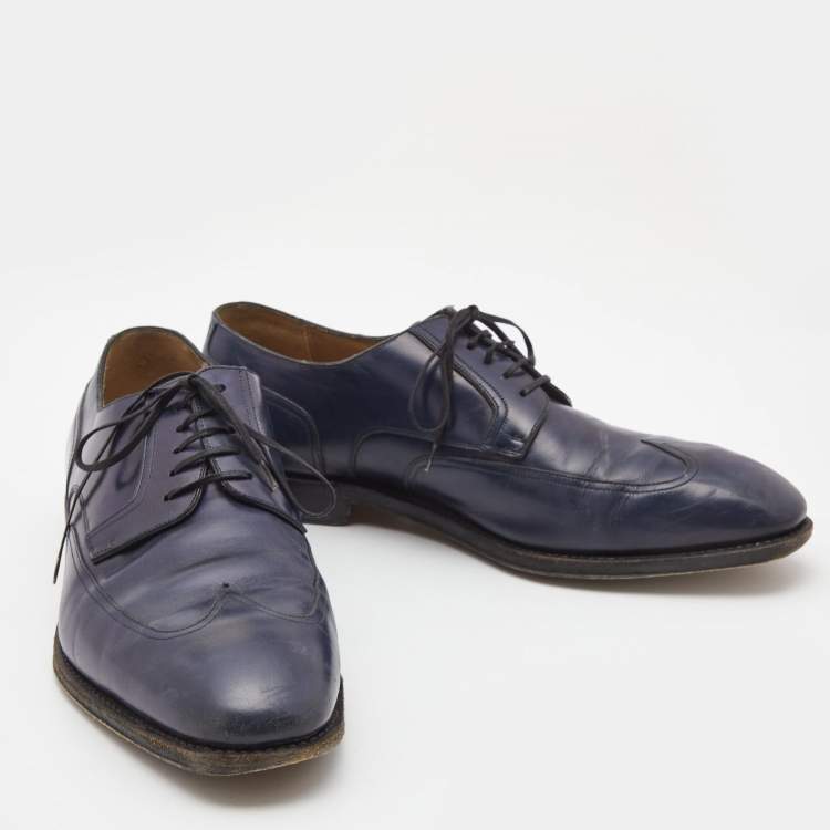 Pre Owned Salvatore Ferragamo Navy Blue Brogue Leather Lace Up Derby Size 44.5