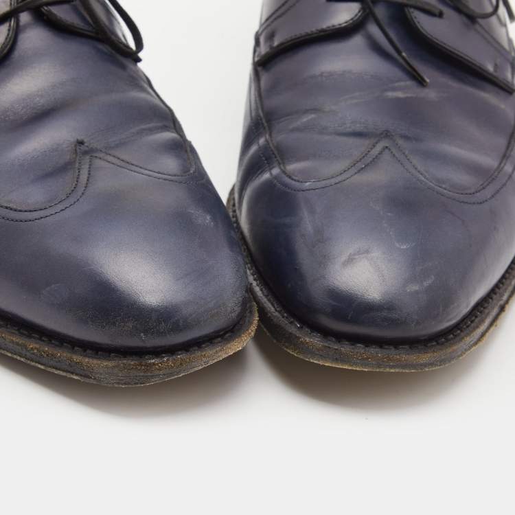 Pre Owned Salvatore Ferragamo Navy Blue Brogue Leather Lace Up Derby Size 44.5