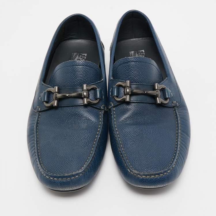 Pre Owned Salvatore Ferragamo Navy Blue Leather Parigi Gancini Loafers Size 42.5