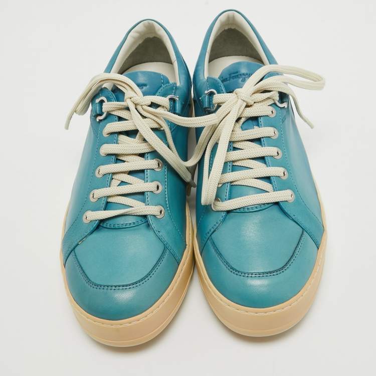 Pre Owned Salvatore Ferragamo Blue Leather Lace Up Sneakers Size 41.5 