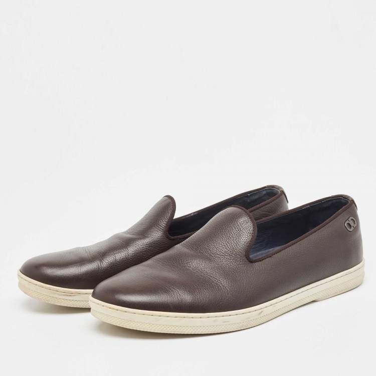 Pre Owned Salvatore Ferragamo Brown Leather Slip On Sneakers Size 41.5