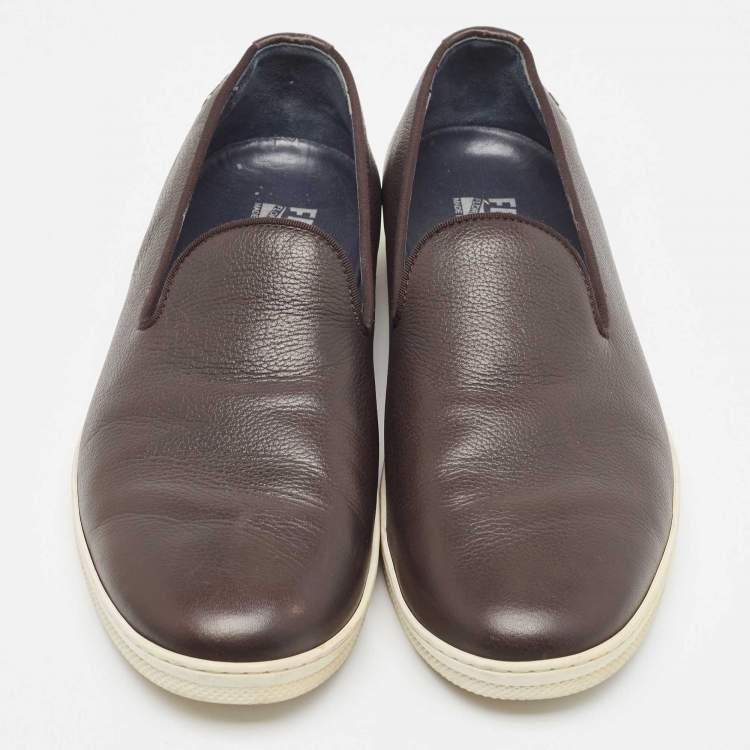 Pre Owned Salvatore Ferragamo Brown Leather Slip On Sneakers Size 41.5