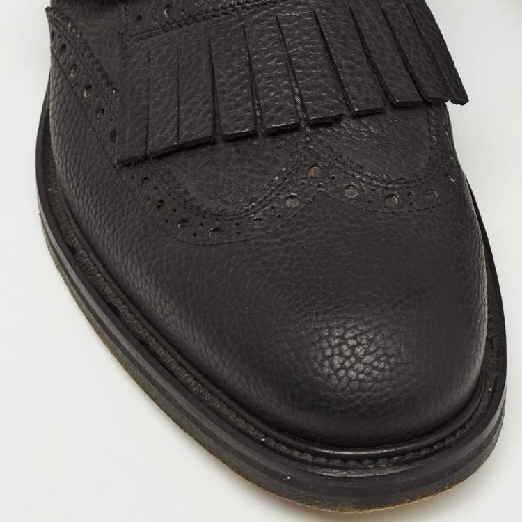 Pre Owned Salvatore Ferragamo Black Brogue Leather Genesis Fringe Detail Wingtip Oxford Size 41