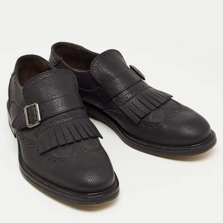 Pre Owned Salvatore Ferragamo Black Brogue Leather Genesis Fringe Detail Wingtip Oxford Size 41