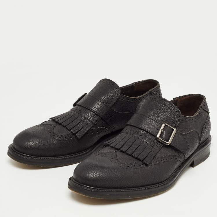 Pre Owned Salvatore Ferragamo Black Brogue Leather Genesis Fringe Detail Wingtip Oxford Size 41