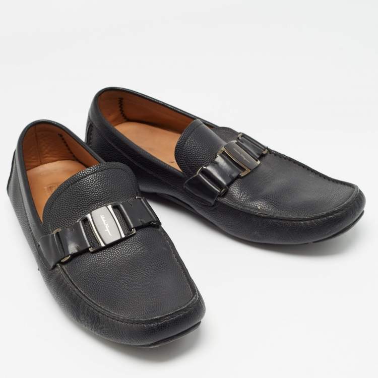 Pre Owned Salvatore Ferragamo Black Leather Driver Loafers Size 44