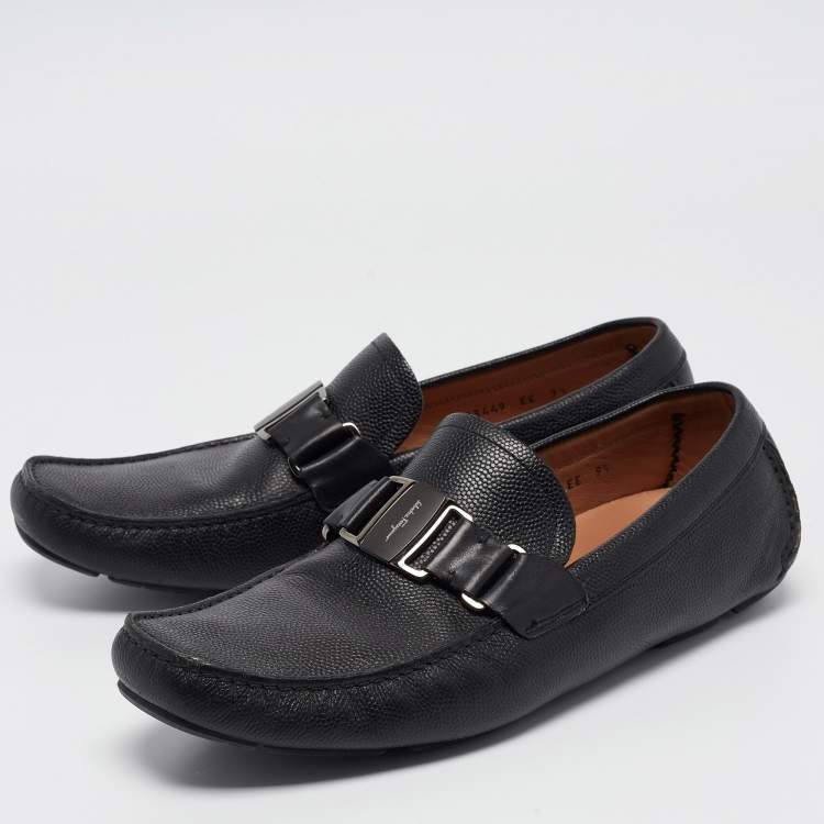 Pre Owned Salvatore Ferragamo Black Leather Buckle Detail Loafers Size 43.5
