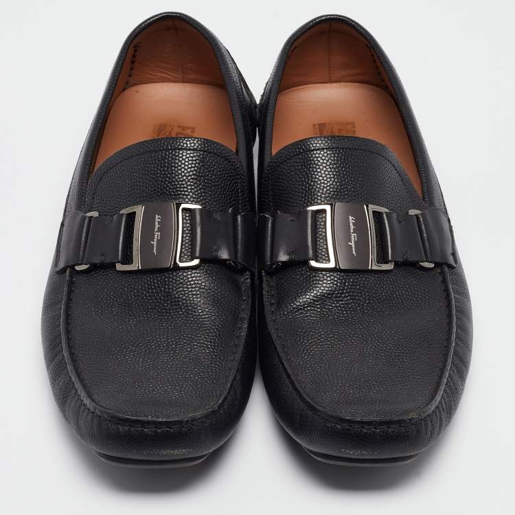 Pre Owned Salvatore Ferragamo Black Leather Buckle Detail Loafers Size 43.5
