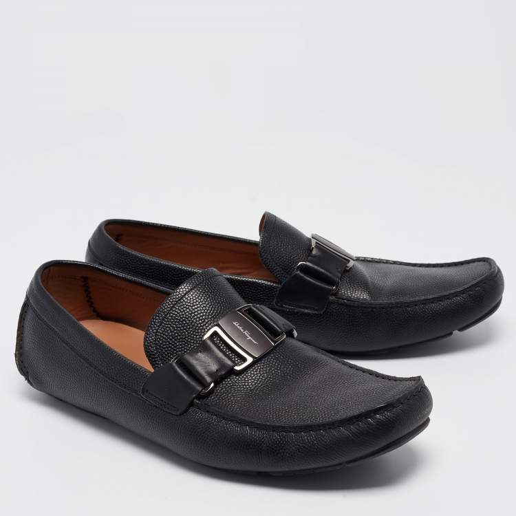 Pre Owned Salvatore Ferragamo Black Leather Buckle Detail Loafers Size 43.5
