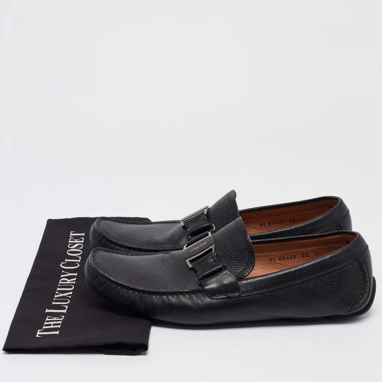 Pre Owned Salvatore Ferragamo Black Leather Buckle Detail Loafers Size 43.5
