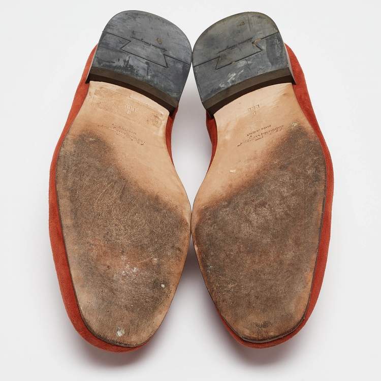 Pre Owned Salvatore Ferragamo Orange Suede Gancini Driving Loafers Size 42