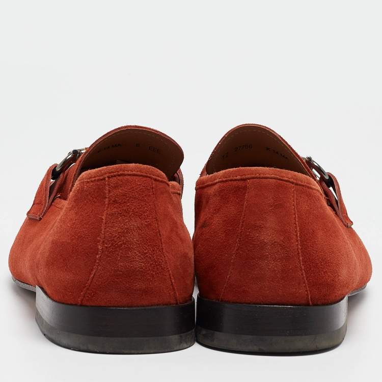 Pre Owned Salvatore Ferragamo Orange Suede Gancini Driving Loafers Size 42