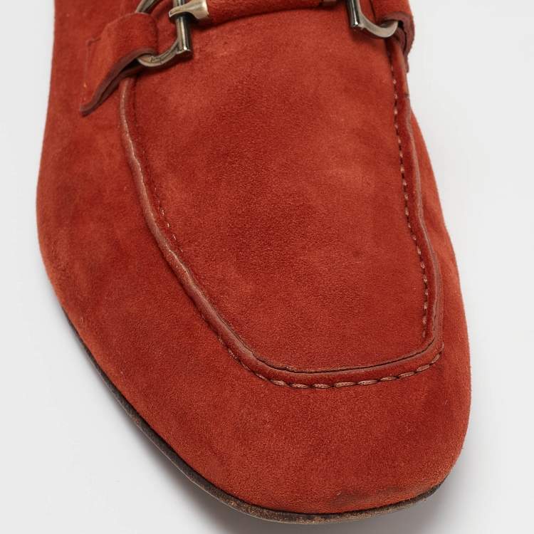 Pre Owned Salvatore Ferragamo Orange Suede Gancini Driving Loafers Size 42