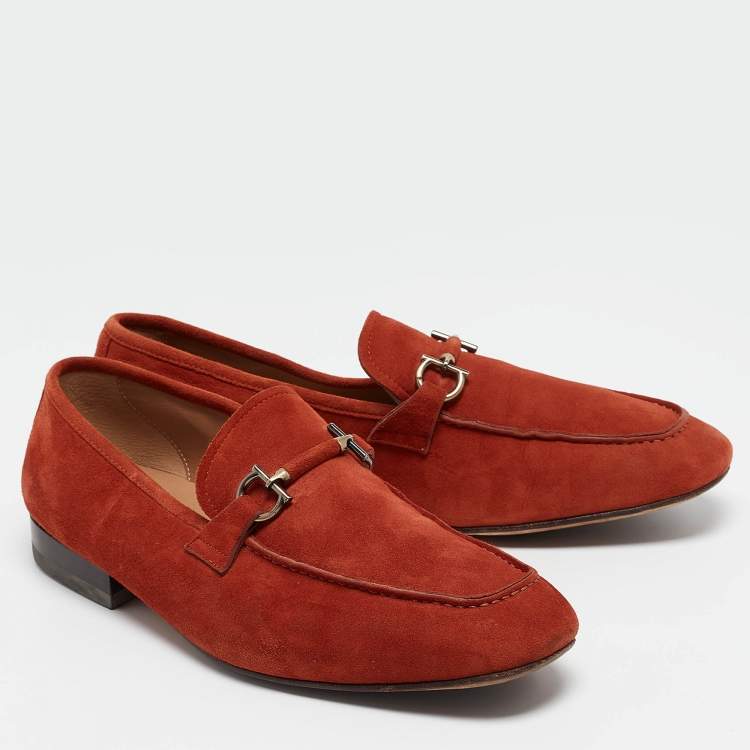Pre Owned Salvatore Ferragamo Orange Suede Gancini Driving Loafers Size 42