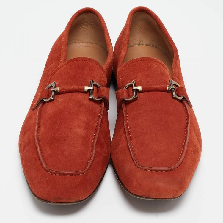 Pre Owned Salvatore Ferragamo Orange Suede Gancini Driving Loafers Size 42