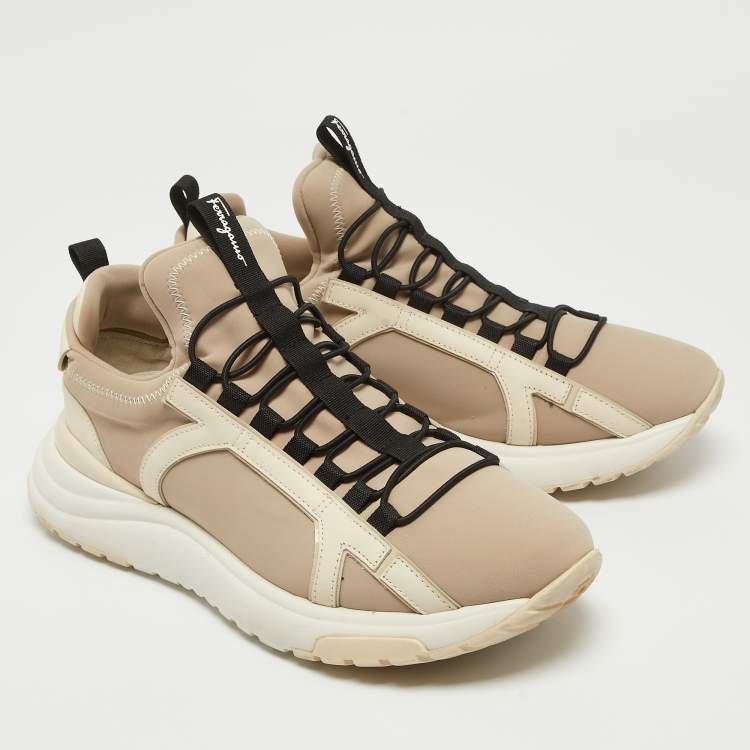Pre Owned Salvatore Ferragamo Beige Fabric and Leather Trim Sneakers Size 44