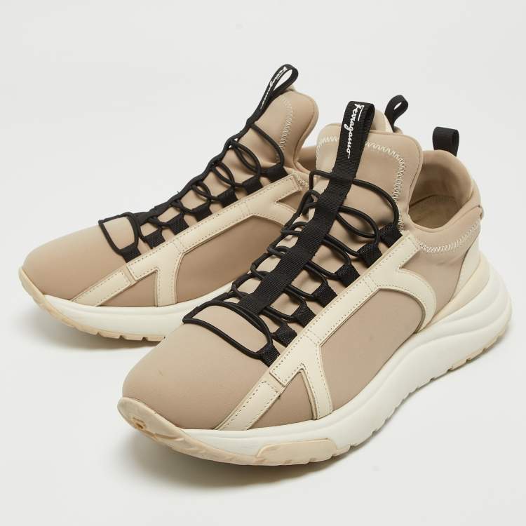 Pre Owned Salvatore Ferragamo Beige Fabric and Leather Trim Sneakers Size 44