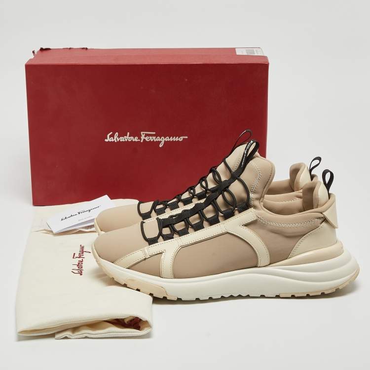 Pre Owned Salvatore Ferragamo Beige Fabric and Leather Trim Sneakers Size 44