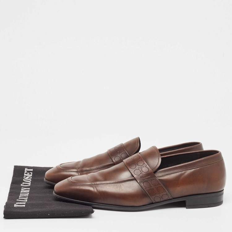 Pre Owned Salvatore Ferragamo Brown Leather Slip On Loafers Size 43.5