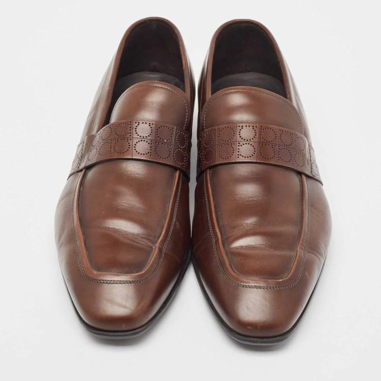Pre Owned Salvatore Ferragamo Brown Leather Slip On Loafers Size 43.5