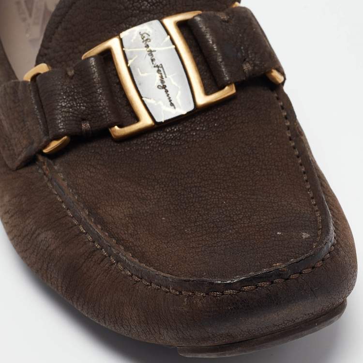 Pre Owned  Salvatore Ferragamo Brown Nubuck Leather Sardegna Loafers Size 40