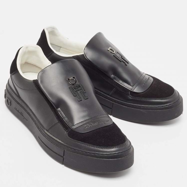 Pre Owned Salvatore Ferragamo Black Leather and Suede Slip On Sneakers Size 40
