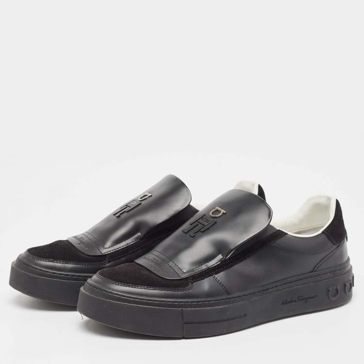 Pre Owned Salvatore Ferragamo Black Leather and Suede Slip On Sneakers Size 40