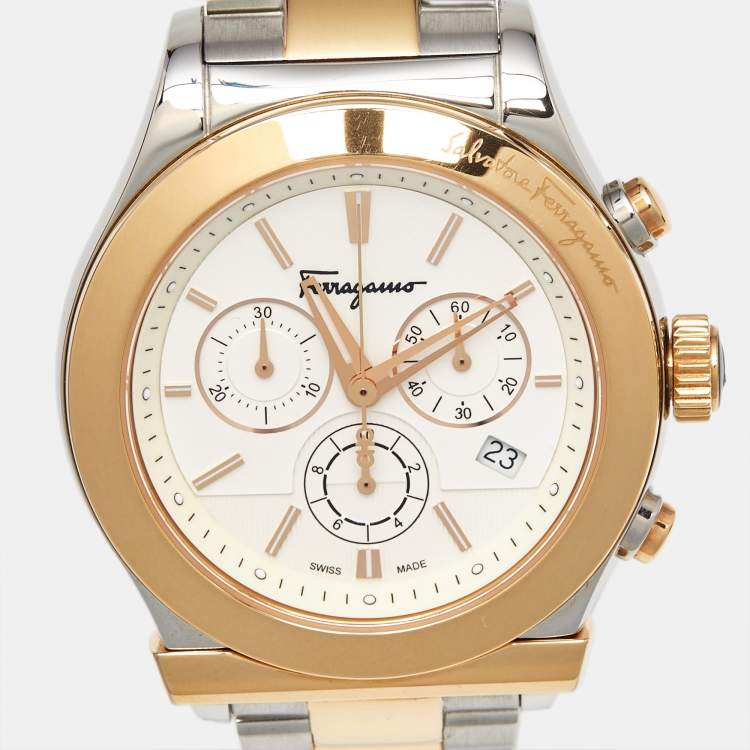 Pre Owned Salvatore Ferragamo 1898 Series F78LCQ9501 White Dial Two-Tone Stainless Steel Men's Wristwatch 42 mm