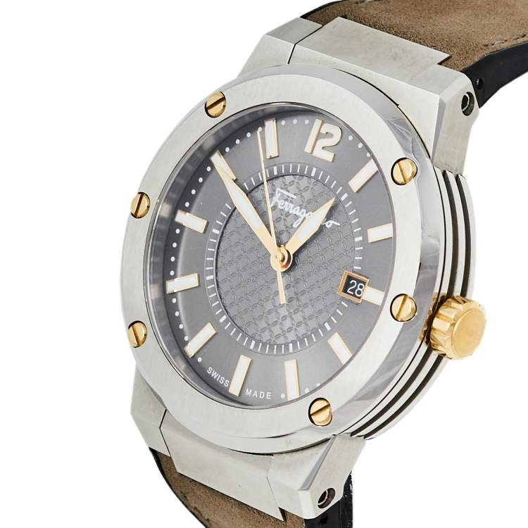 Pre Owned Salvatore Ferragamo Two-Tone Stainless Steel Leather F-80 FIF070016 Men's Wristwatch 44 mm