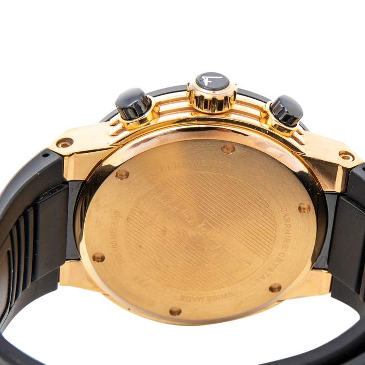 Pre Owned Salvatore Ferragamo Black Ceramic Rose Gold Stainless Steel Rubber F-80 Chronograph Men's Wristwatch 44 mm