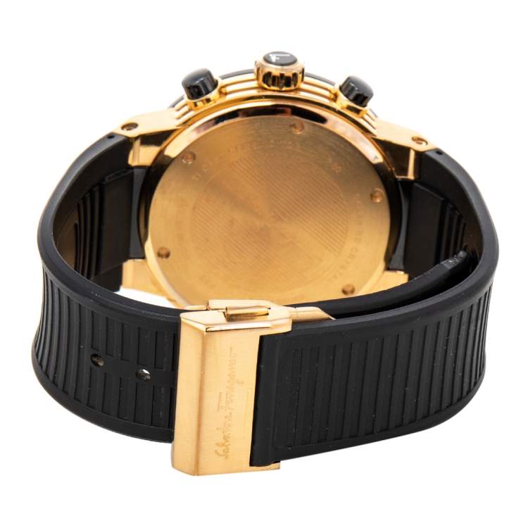 Pre Owned Salvatore Ferragamo Black Ceramic Rose Gold Stainless Steel Rubber F-80 Chronograph Men's Wristwatch 44 mm