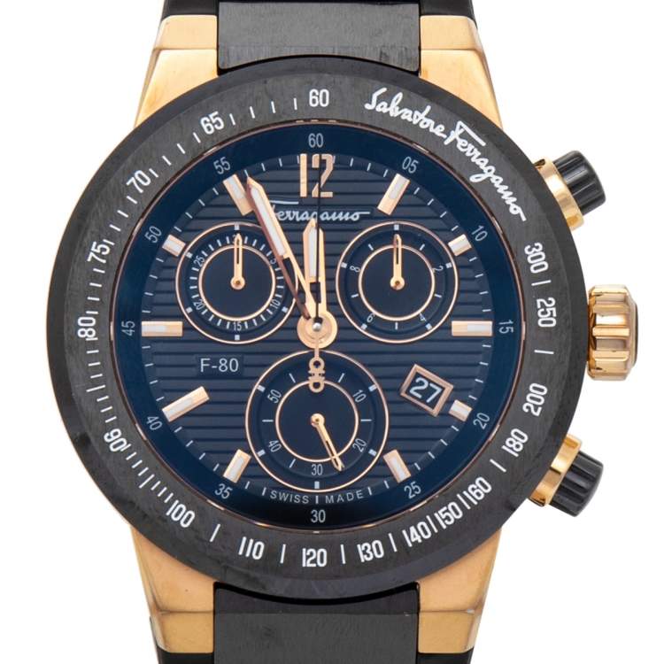 Pre Owned Salvatore Ferragamo Black Ceramic Rose Gold Stainless Steel Rubber F-80 Chronograph Men's Wristwatch 44 mm