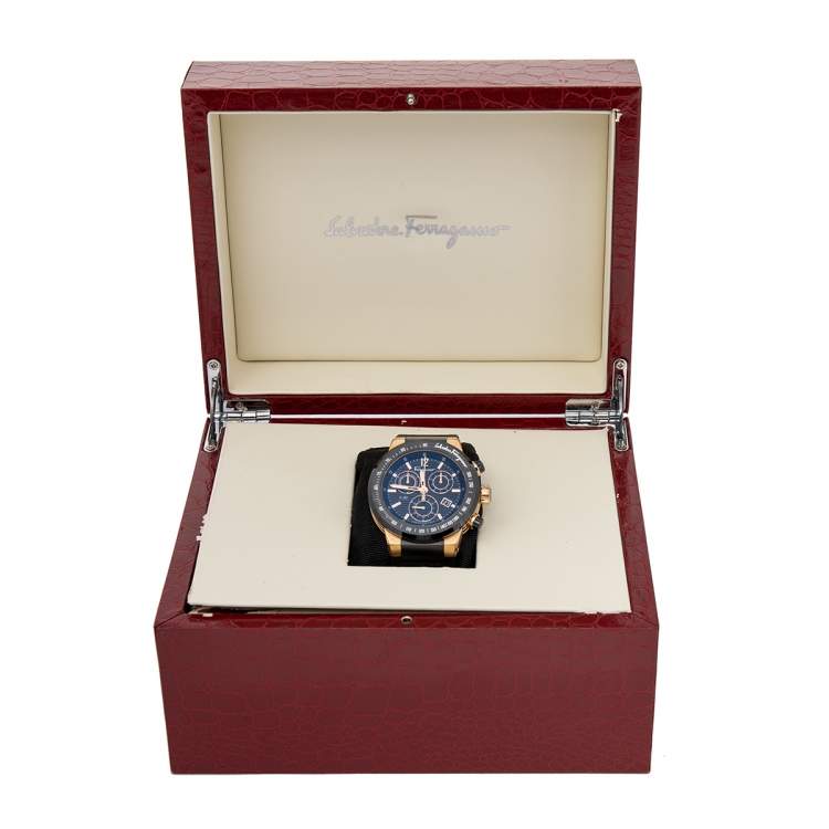 Pre Owned Salvatore Ferragamo Black Ceramic Rose Gold Stainless Steel Rubber F-80 Chronograph Men's Wristwatch 44 mm