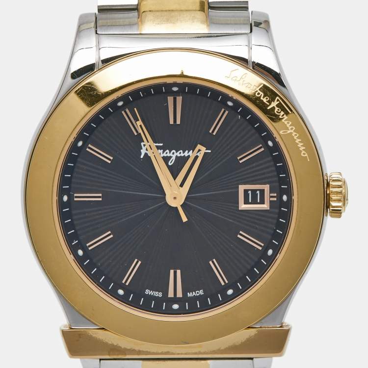 Pre Owned  Salvatore Ferragamo Black Two-Tone Stainless Steel 1898 F62LBQ9509S095 Men's Wristwatch 39 mm