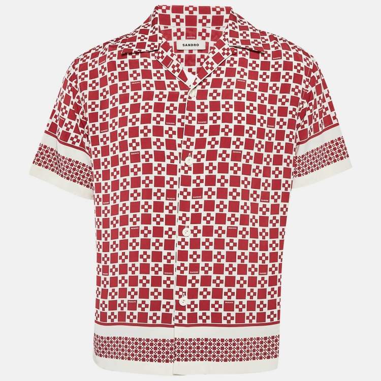 Pre Owned Sandro Red Print Crepe Short Sleeve Shirt M