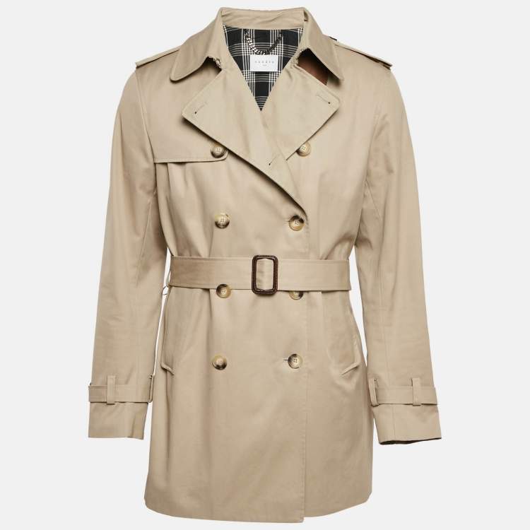 Pre Owned Sandro Beige Gabardine Cotton Long Double Breasted Trench Coat XL