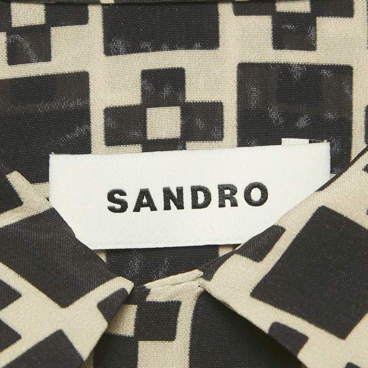 Pre Owned Sandro Black/Beige Printed Crepe Short Sleeve Shirt L
