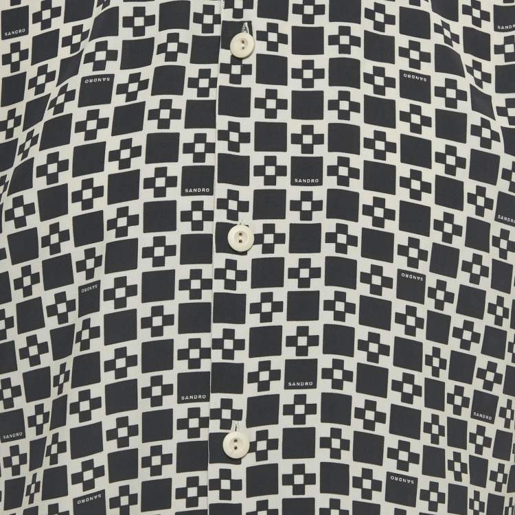 Pre Owned Sandro Black/Beige Printed Crepe Short Sleeve Shirt L