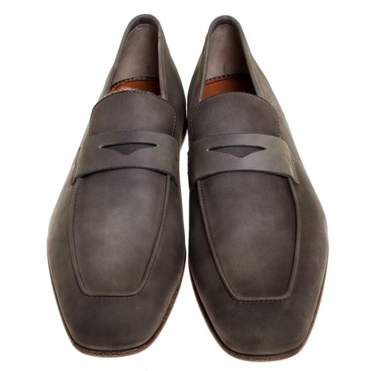 Pre Owned Santoni Grey Nubuck Leather Penny Slip On Loafers Size 42
